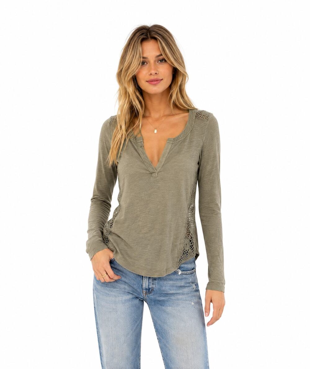 Free People Olive Green Long Sleeve Boho Crochet Back Blouse Womens XS V Neck